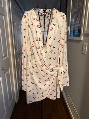 White Cherry-Print Long Sleeve Kimono Wrap Dress with Side Tie